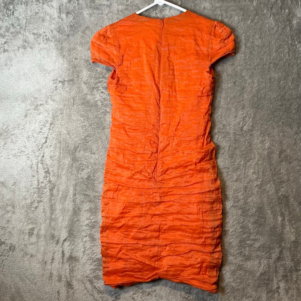 Yigal Azrouel Orange V-Neck Crinkle Bodycon Dress Size 2 - Picture 4 of 8